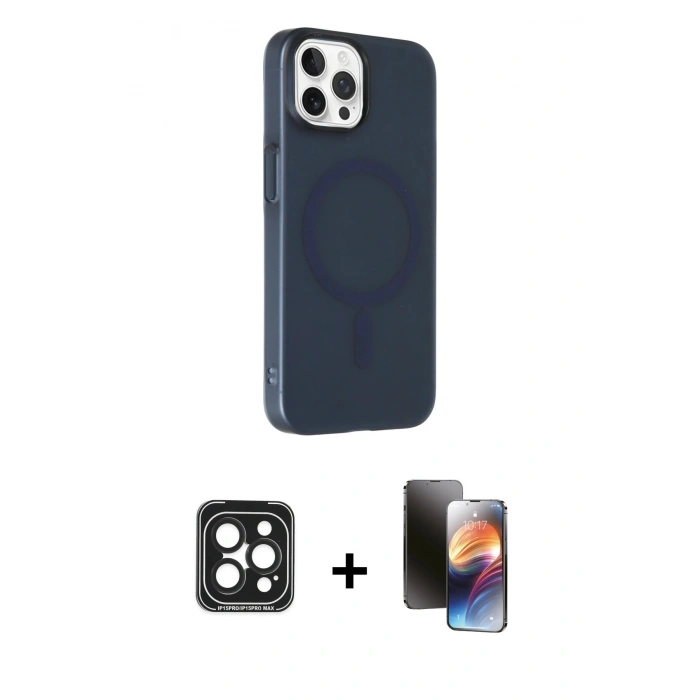 MARSİLYAN™- iPhone 15 Pro Max Kılıf Çekirdek Modern Prime - Siyah 3D Antistatik Mat Seramik Nano Ekran Koruyucu + PVD Metal Kamera Lens - SH
