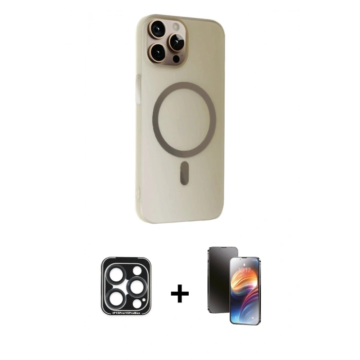 MARSİLYAN™- iPhone 15 Pro Max Kılıf Çekirdek Modern Prime - Siyah 3D Antistatik Mat Seramik Nano Ekran Koruyucu + PVD Metal Kamera Lens - LT