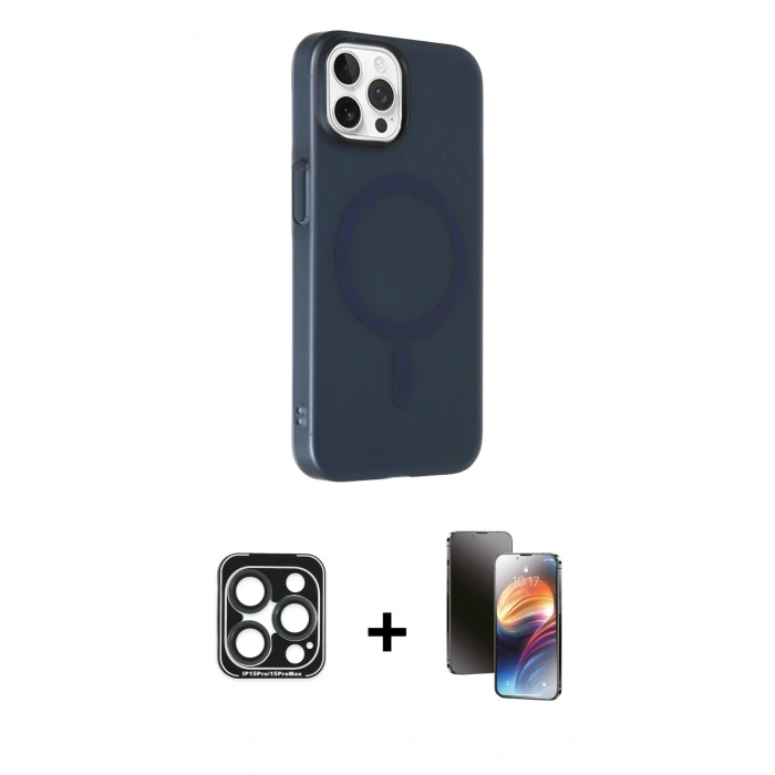 MARSİLYAN™- iPhone 15 Pro Max Kılıf Çekirdek Modern Prime - Siyah 3D Antistatik Mat Seramik Nano Ekran Koruyucu + PVD Metal Kamera Lens - LT