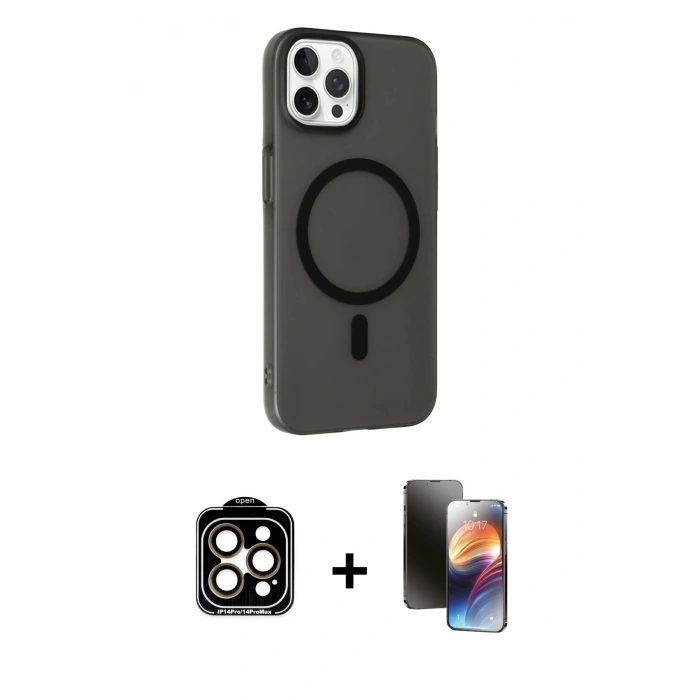 MARSİLYAN™- iPhone 15 Pro Max Kılıf Çekirdek Modern Prime - Siyah 3D Antistatik Mat Seramik Nano Ekran Koruyucu + PVD Metal Kamera Lens - TU