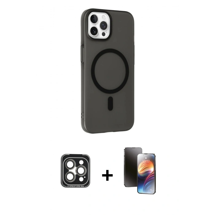 MARSİLYAN™- iPhone 15 Pro Max Kılıf Çekirdek Modern Prime - Siyah 3D Antistatik Mat Seramik Nano Ekran Koruyucu + PVD Metal Kamera Lens - GI
