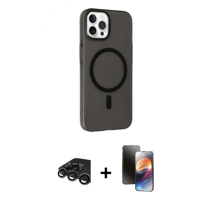 MARSİLYAN™- iPhone 15 Pro Max Kılıf Çekirdek Modern Prime - Siyah 3D Antistatik Mat Seramik Nano Ekran Koruyucu + Raze Metal Kamera Lens - TMGI