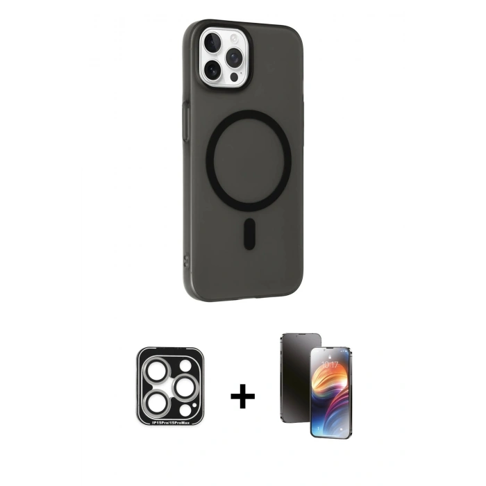 MARSİLYAN™- iPhone 15 Pro Max Kılıf Çekirdek Modern Prime - Siyah 3D Antistatik Mat Seramik Nano Ekran Koruyucu + PVD Metal Kamera Lens - GS