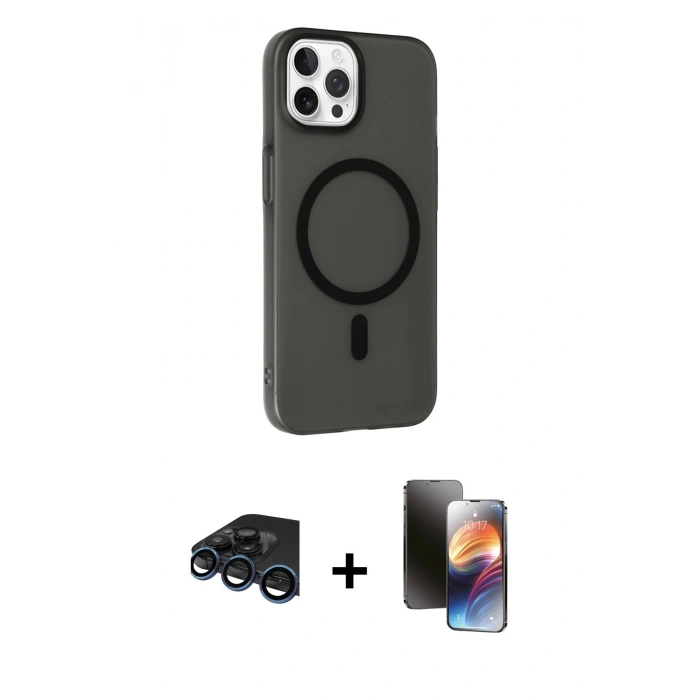 MARSİLYAN™- iPhone 15 Pro Max Kılıf Çekirdek Modern Prime - Siyah 3D Antistatik Mat Seramik Nano Ekran Koruyucu + Raze Metal Kamera Lens - LT