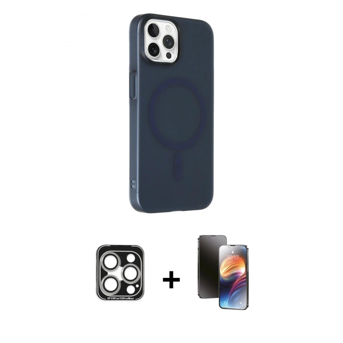 MARSİLYAN™- iPhone 15 Pro Max Kılıf Çekirdek Modern Prime - Siyah 3D Antistatik Mat Seramik Nano Ekran Koruyucu + PVD Metal Kamera Lens - GS