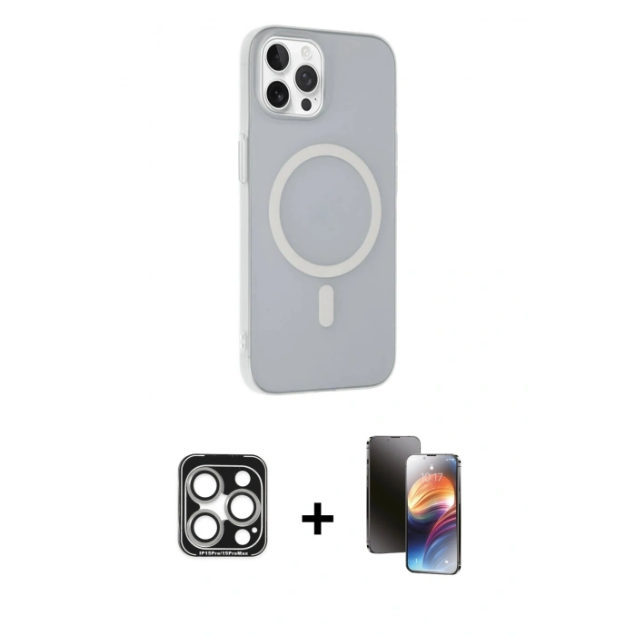 MARSİLYAN™- iPhone 15 Pro Max Kılıf Çekirdek Modern Prime - Siyah 3D Antistatik Mat Seramik Nano Ekran Koruyucu + PVD Metal Kamera Lens - GS