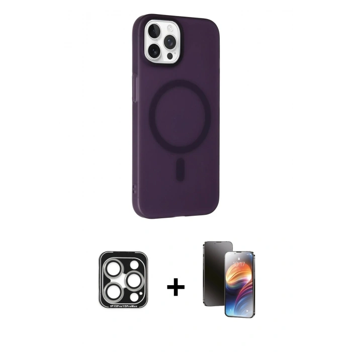 MARSİLYAN™- iPhone 15 Pro Max Kılıf Çekirdek Modern Prime - Siyah 3D Antistatik Mat Seramik Nano Ekran Koruyucu + PVD Metal Kamera Lens - GS