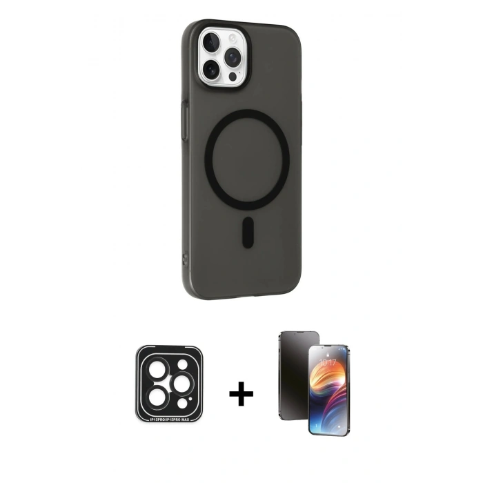 MARSİLYAN™- iPhone 15 Pro Max Kılıf Çekirdek Modern Prime - Siyah 3D Antistatik Mat Seramik Nano Ekran Koruyucu + PVD Metal Kamera Lens - SH