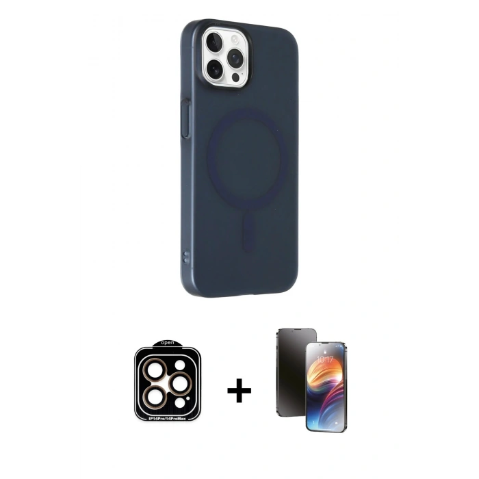 MARSİLYAN™- iPhone 15 Pro Max Kılıf Çekirdek Modern Prime - Siyah 3D Antistatik Mat Seramik Nano Ekran Koruyucu + PVD Metal Kamera Lens - TU