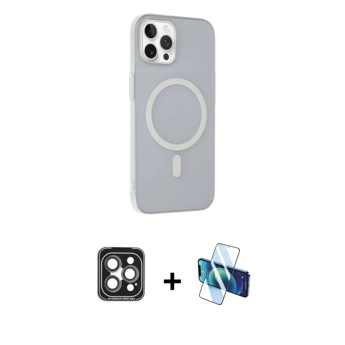 MARSİLYAN™- iPhone 15 Pro Max Kılıf Çekirdek Modern Prime - Siyah 3D Antistatik Seramik Nano Ekran Koruyucu + PVD Metal Kamera Lens - GI