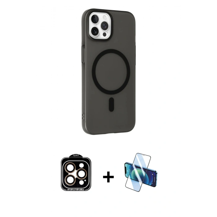 MARSİLYAN™- iPhone 15 Pro Max Kılıf Çekirdek Modern Prime - Siyah 3D Antistatik Seramik Nano Ekran Koruyucu + PVD Metal Kamera Lens - TU