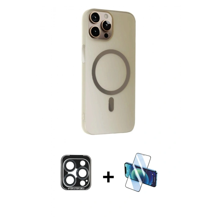 MARSİLYAN™- iPhone 15 Pro Max Kılıf Çekirdek Modern Prime - Siyah 3D Antistatik Seramik Nano Ekran Koruyucu + PVD Metal Kamera Lens - LT