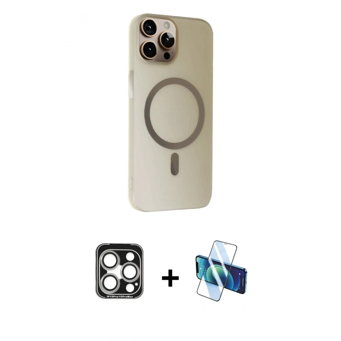 MARSİLYAN™- iPhone 15 Pro Max Kılıf Çekirdek Modern Prime - Siyah 3D Antistatik Seramik Nano Ekran Koruyucu + PVD Metal Kamera Lens - GS
