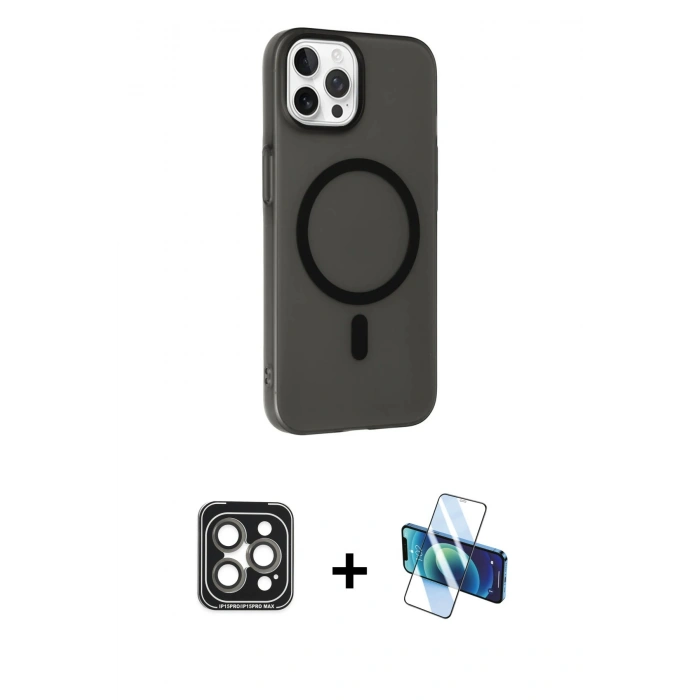 MARSİLYAN™- iPhone 15 Pro Max Kılıf Çekirdek Modern Prime - Siyah 3D Antistatik Seramik Nano Ekran Koruyucu + PVD Metal Kamera Lens - GI