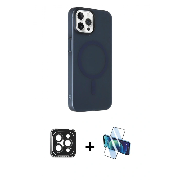 MARSİLYAN™- iPhone 15 Pro Max Kılıf Çekirdek Modern Prime - Siyah 3D Antistatik Seramik Nano Ekran Koruyucu + PVD Metal Kamera Lens - SH