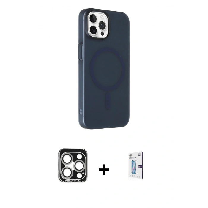MARSİLYAN™- iPhone 15 Pro Max Kılıf Çekirdek Modern Prime - Siyah Bilvis 0.18mm Plus Cam Ekran Koruyucu + PVD Metal Kamera Lens - GS