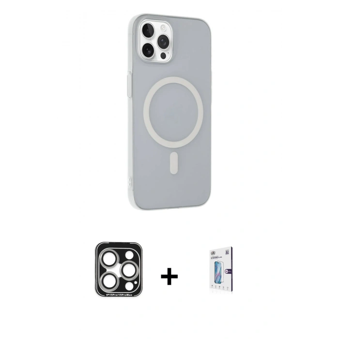 MARSİLYAN™- iPhone 15 Pro Max Kılıf Çekirdek Modern Prime - Siyah Bilvis 0.18mm Plus Cam Ekran Koruyucu + PVD Metal Kamera Lens - GS