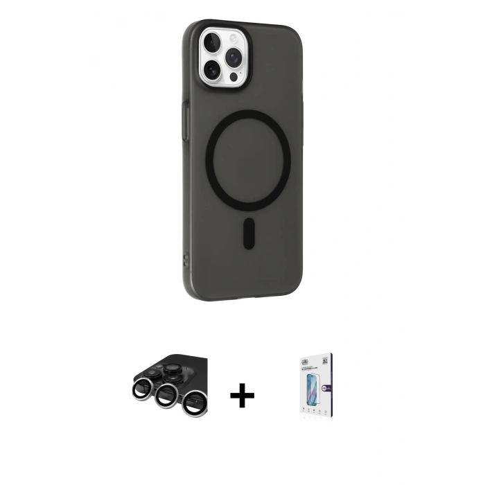 MARSİLYAN™- iPhone 15 Pro Max Kılıf Çekirdek Modern Prime - Siyah Bilvis 0.18mm Plus Cam Ekran Koruyucu + Raze Metal Kamera Lens - GS