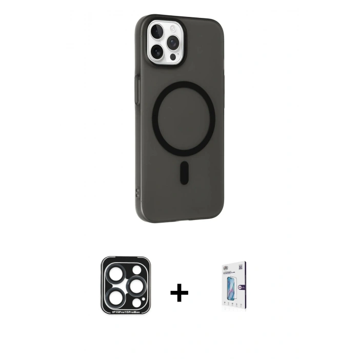 MARSİLYAN™- iPhone 15 Pro Max Kılıf Çekirdek Modern Prime - Siyah Bilvis 0.18mm Plus Cam Ekran Koruyucu + PVD Metal Kamera Lens - LT