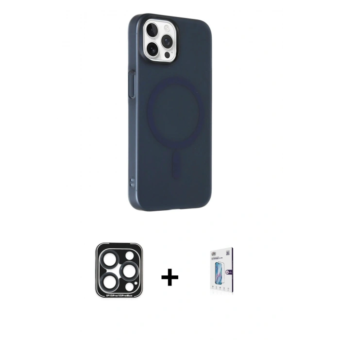 MARSİLYAN™- iPhone 15 Pro Max Kılıf Çekirdek Modern Prime - Siyah Bilvis 0.18mm Plus Cam Ekran Koruyucu + PVD Metal Kamera Lens - LT