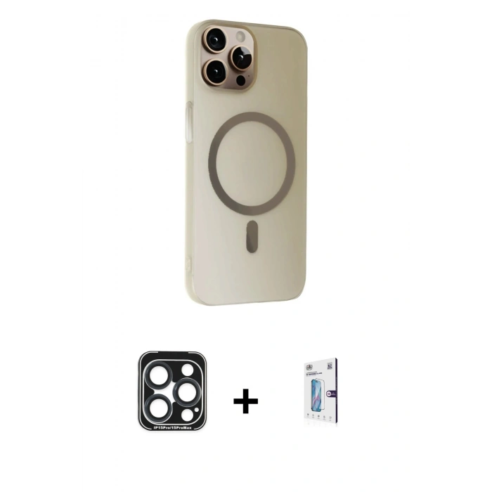 MARSİLYAN™- iPhone 15 Pro Max Kılıf Çekirdek Modern Prime - Siyah Bilvis 0.18mm Plus Cam Ekran Koruyucu + PVD Metal Kamera Lens - LT