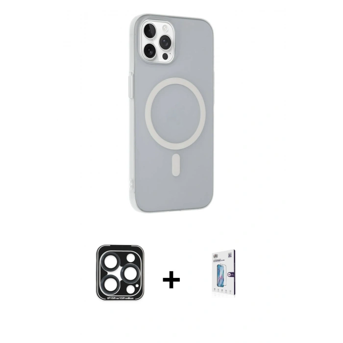 MARSİLYAN™- iPhone 15 Pro Max Kılıf Çekirdek Modern Prime - Siyah Bilvis 0.18mm Plus Cam Ekran Koruyucu + PVD Metal Kamera Lens - LT