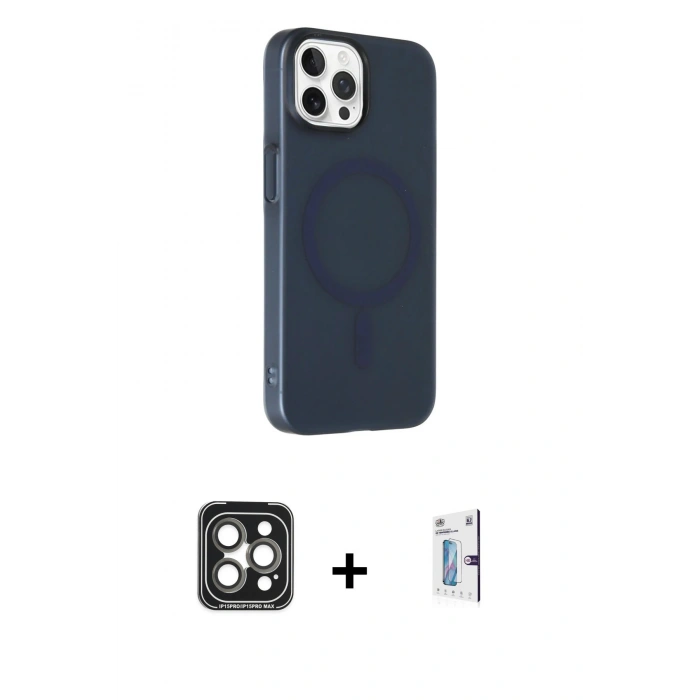 MARSİLYAN™- iPhone 15 Pro Max Kılıf Çekirdek Modern Prime - Siyah Bilvis 0.18mm Plus Cam Ekran Koruyucu + PVD Metal Kamera Lens - GI