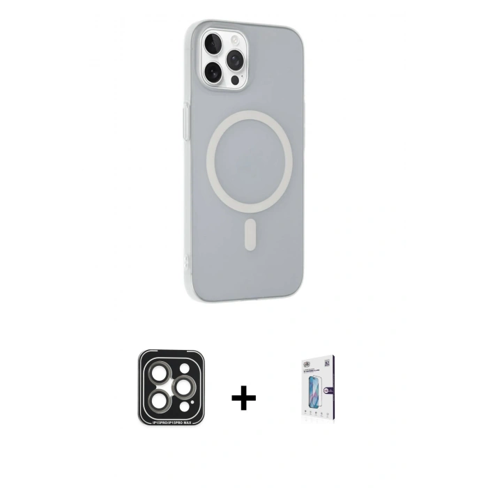 MARSİLYAN™- iPhone 15 Pro Max Kılıf Çekirdek Modern Prime - Siyah Bilvis 0.18mm Plus Cam Ekran Koruyucu + PVD Metal Kamera Lens - GI