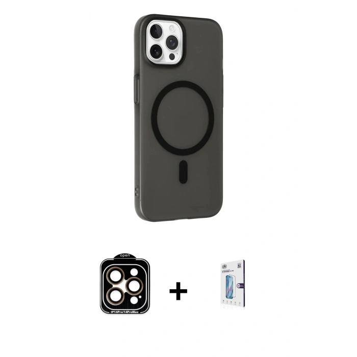 MARSİLYAN™- iPhone 15 Pro Max Kılıf Çekirdek Modern Prime - Siyah Bilvis 0.18mm Plus Cam Ekran Koruyucu + PVD Metal Kamera Lens - TU
