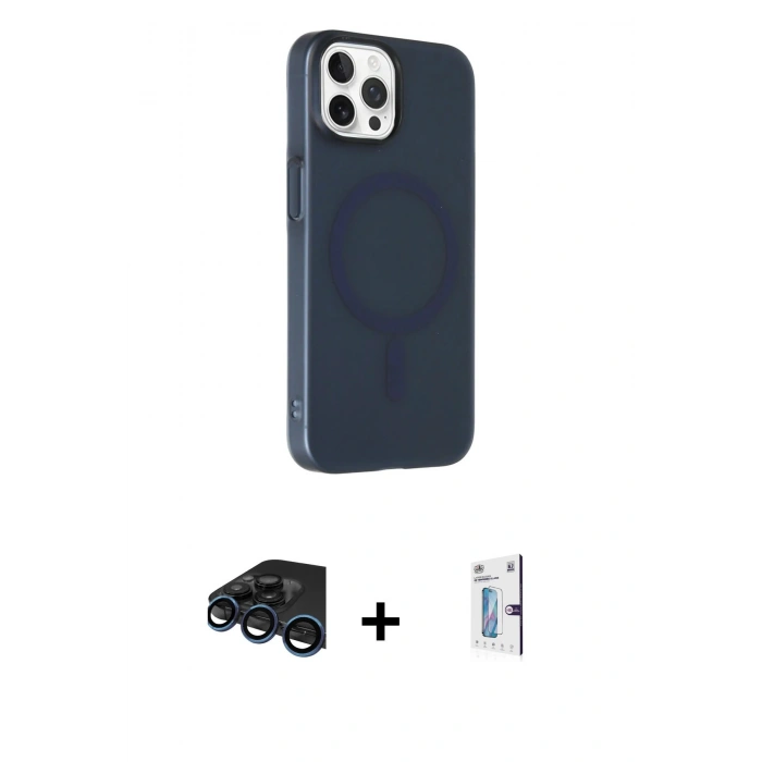 MARSİLYAN™- iPhone 15 Pro Max Kılıf Çekirdek Modern Prime - Siyah Bilvis 0.18mm Plus Cam Ekran Koruyucu + Raze Metal Kamera Lens - LT