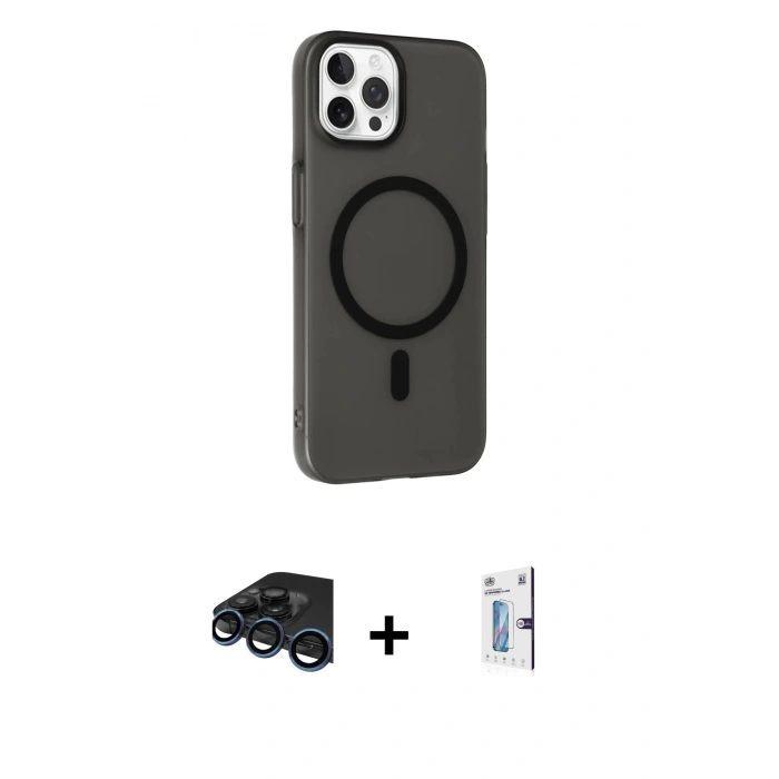 MARSİLYAN™- iPhone 15 Pro Max Kılıf Çekirdek Modern Prime - Siyah Bilvis 0.18mm Plus Cam Ekran Koruyucu + Raze Metal Kamera Lens - LT