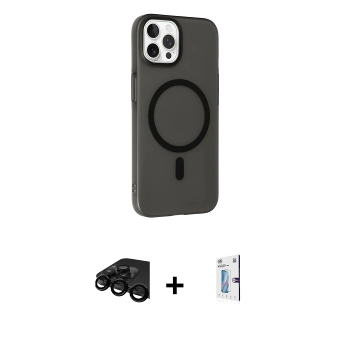 MARSİLYAN™- iPhone 15 Pro Max Kılıf Çekirdek Modern Prime - Siyah Bilvis 0.18mm Plus Cam Ekran Koruyucu + Raze Metal Kamera Lens - SH