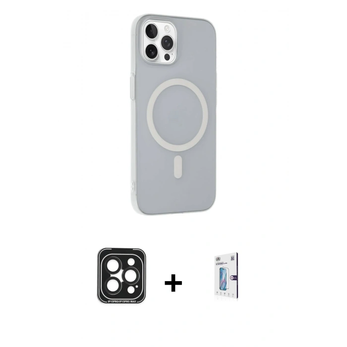 MARSİLYAN™- iPhone 15 Pro Max Kılıf Çekirdek Modern Prime - Siyah Bilvis 0.18mm Plus Cam Ekran Koruyucu + Siyah PVD Metal Kamera Lens