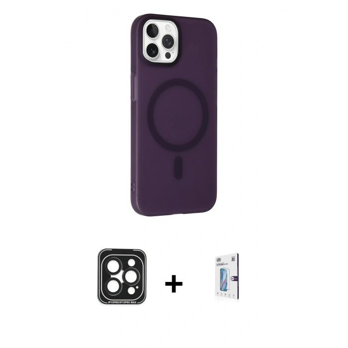 MARSİLYAN™- iPhone 15 Pro Max Kılıf Çekirdek Modern Prime - Siyah Bilvis 0.18mm Plus Cam Ekran Koruyucu + Siyah PVD Metal Kamera Lens