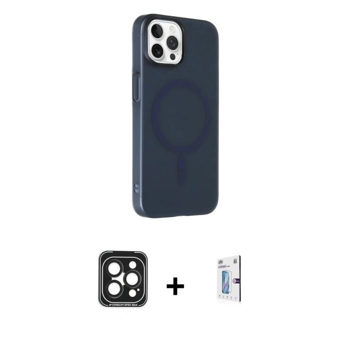 MARSİLYAN™- iPhone 15 Pro Max Kılıf Çekirdek Modern Prime - Siyah Bilvis 0.18mm Plus Cam Ekran Koruyucu + Siyah PVD Metal Kamera Lens