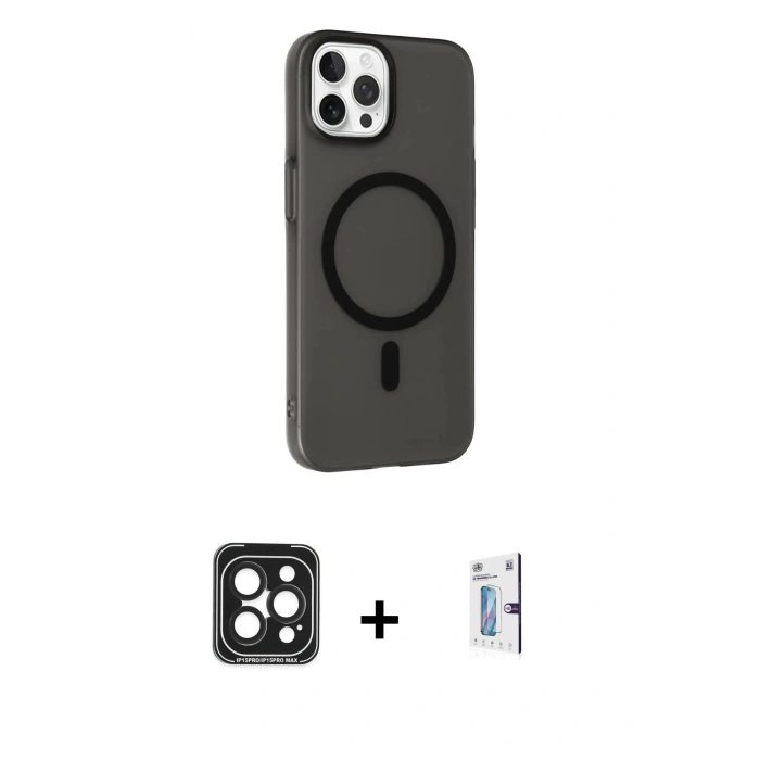 MARSİLYAN™- iPhone 15 Pro Max Kılıf Çekirdek Modern Prime - Siyah Bilvis 0.18mm Plus Cam Ekran Koruyucu + Siyah PVD Metal Kamera Lens