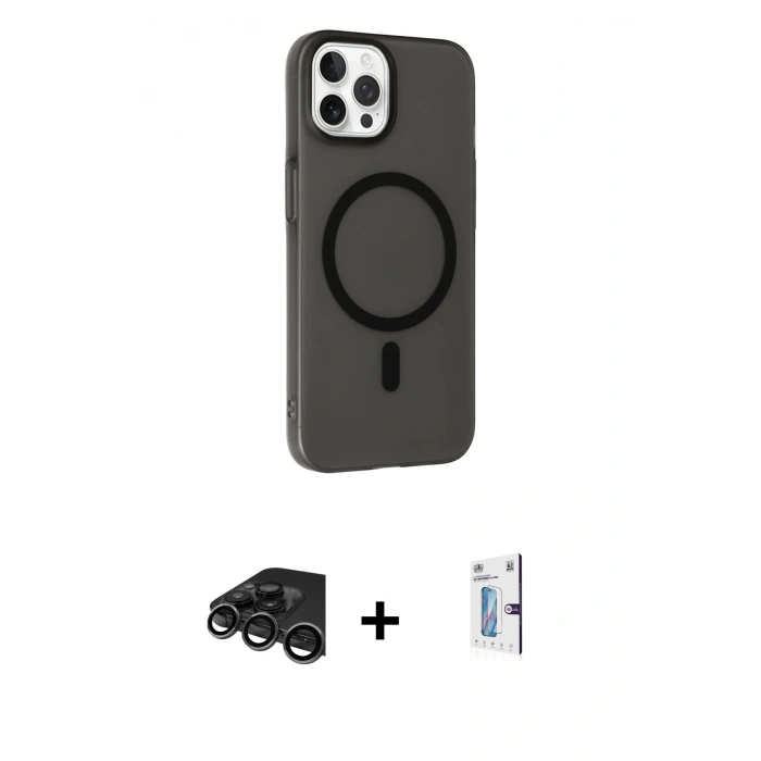 MARSİLYAN™- iPhone 15 Pro Max Kılıf Çekirdek Modern Prime - Siyah Bilvis 0.18mm Plus Cam Ekran Koruyucu + Raze Metal Kamera Lens - TMGI