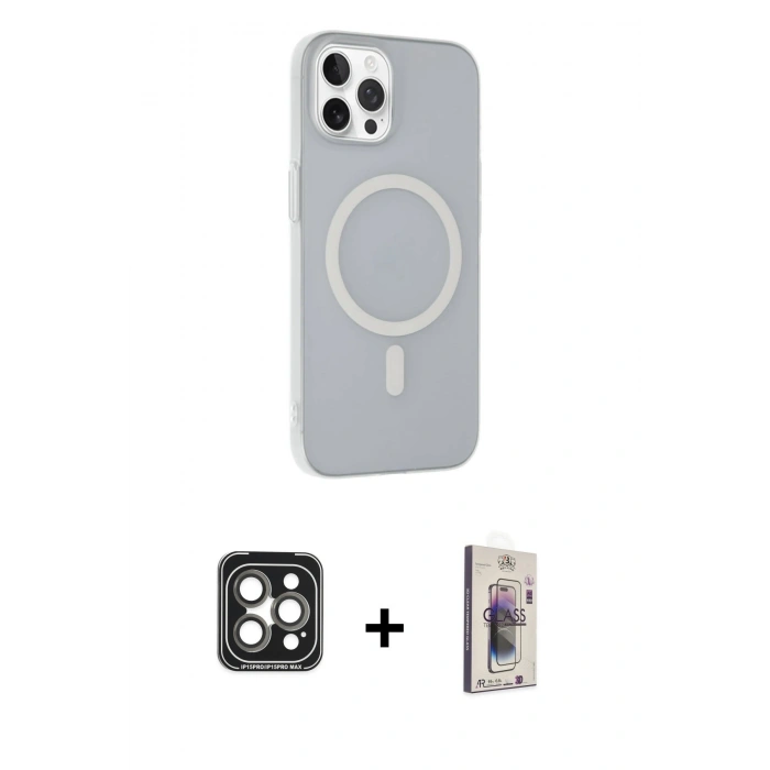 MARSİLYAN™- iPhone 15 Pro Max Kılıf Çekirdek Modern Prime - Siyah Bilvis 3D Cam Ekran Koruyucu + PVD Metal Kamera Lens - GI