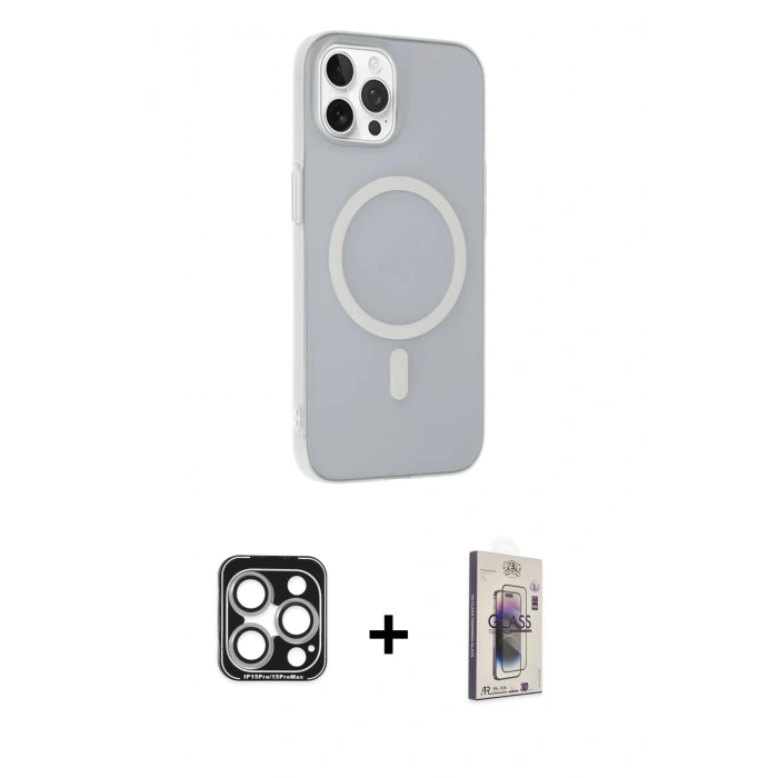 MARSİLYAN™- iPhone 15 Pro Max Kılıf Çekirdek Modern Prime - Siyah Bilvis 3D Cam Ekran Koruyucu + PVD Metal Kamera Lens - GS