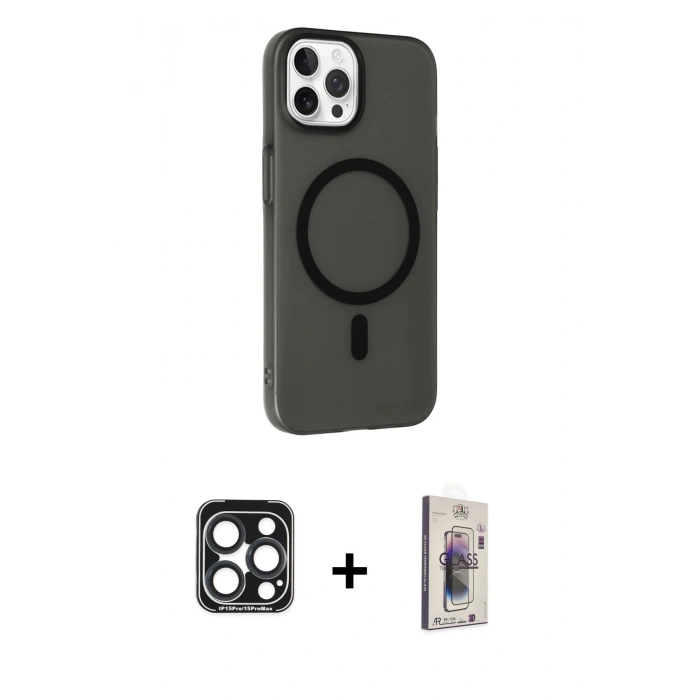 MARSİLYAN™- iPhone 15 Pro Max Kılıf Çekirdek Modern Prime - Siyah Bilvis 3D Cam Ekran Koruyucu + PVD Metal Kamera Lens - LT