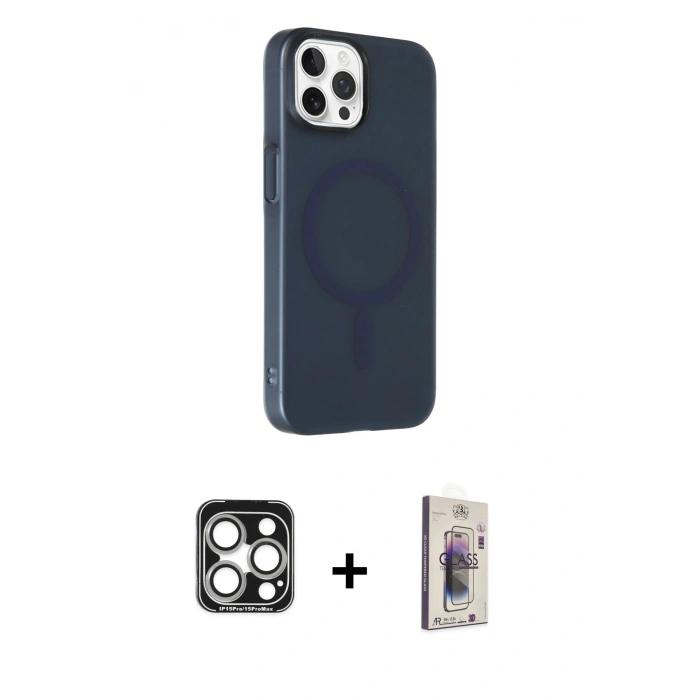 MARSİLYAN™- iPhone 15 Pro Max Kılıf Çekirdek Modern Prime - Siyah Bilvis 3D Cam Ekran Koruyucu + PVD Metal Kamera Lens - GS