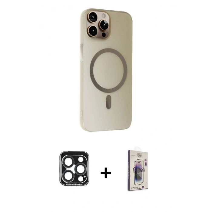 MARSİLYAN™- iPhone 15 Pro Max Kılıf Çekirdek Modern Prime - Siyah Bilvis 3D Cam Ekran Koruyucu + PVD Metal Kamera Lens - LT