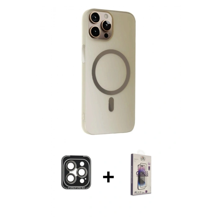 MARSİLYAN™- iPhone 15 Pro Max Kılıf Çekirdek Modern Prime - Siyah Bilvis 3D Cam Ekran Koruyucu + PVD Metal Kamera Lens - GI