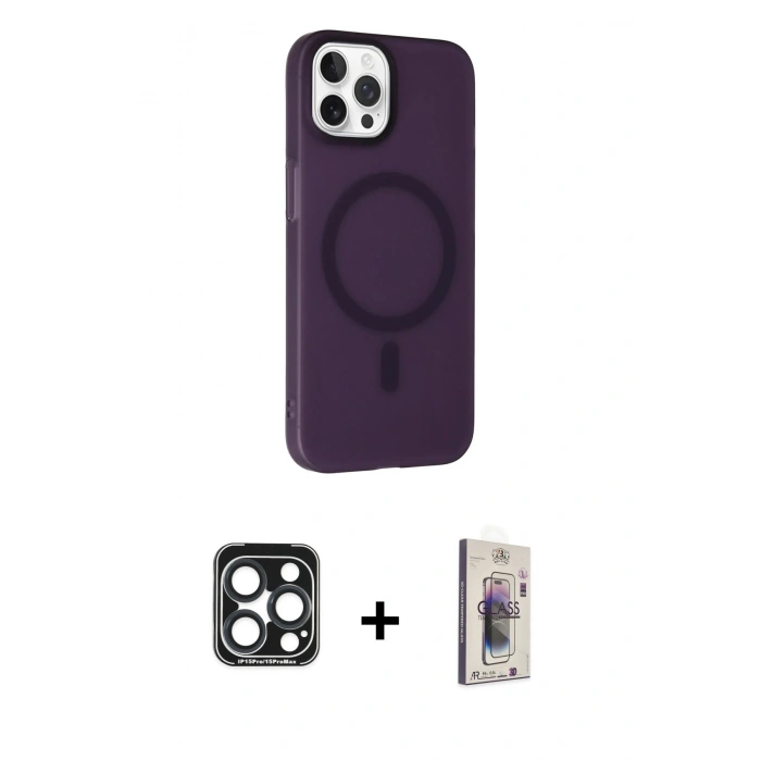 MARSİLYAN™- iPhone 15 Pro Max Kılıf Çekirdek Modern Prime - Siyah Bilvis 3D Cam Ekran Koruyucu + PVD Metal Kamera Lens - LT