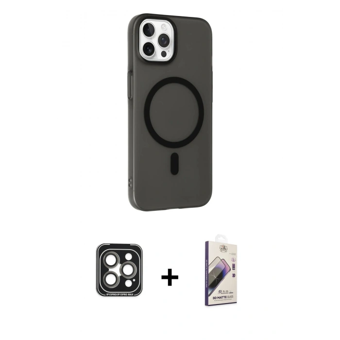 MARSİLYAN™- iPhone 15 Pro Max Kılıf Çekirdek Modern Prime - Siyah Bilvis 3D Mat Cam Ekran Koruyucu + Gri PVD Metal Kamera Lens