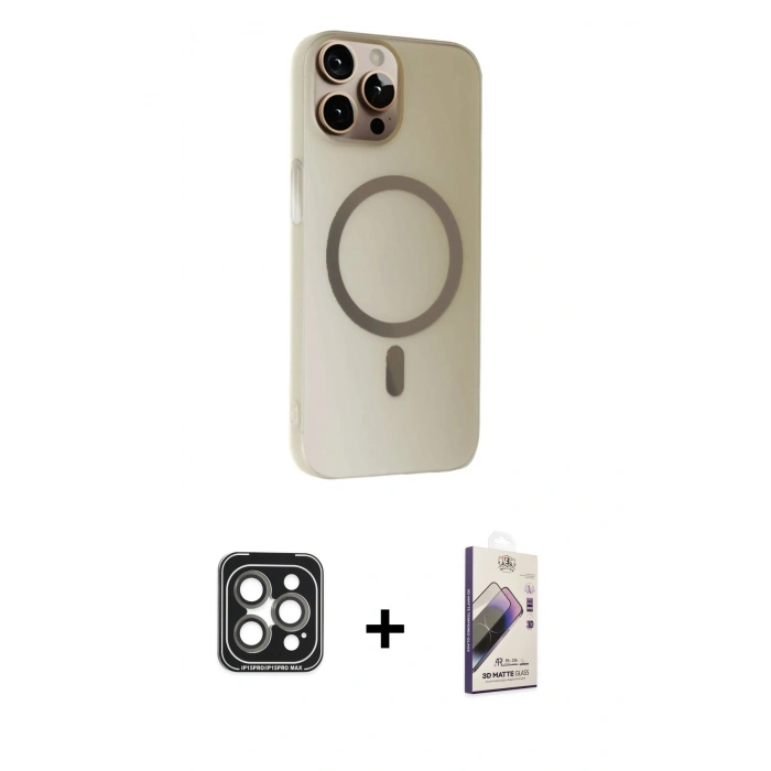 MARSİLYAN™- iPhone 15 Pro Max Kılıf Çekirdek Modern Prime - Siyah Bilvis 3D Mat Cam Ekran Koruyucu + Gri PVD Metal Kamera Lens