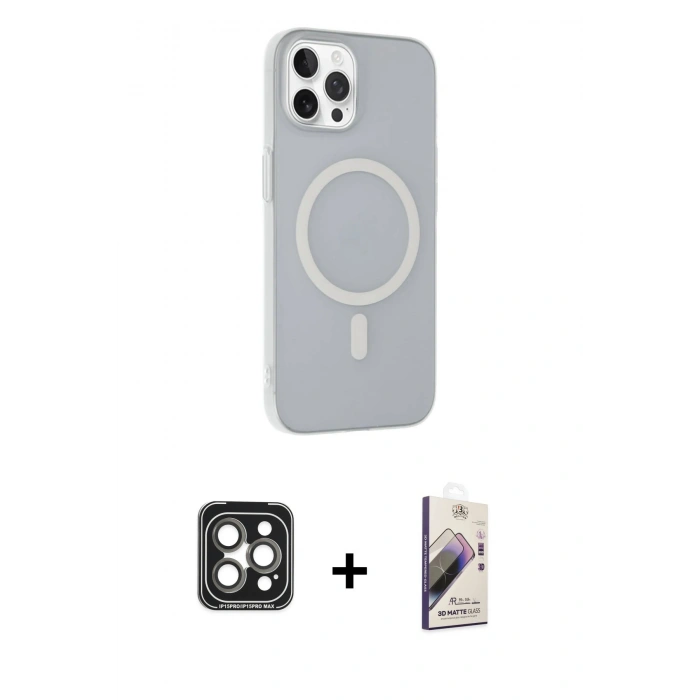 MARSİLYAN™- iPhone 15 Pro Max Kılıf Çekirdek Modern Prime - Siyah Bilvis 3D Mat Cam Ekran Koruyucu + Gri PVD Metal Kamera Lens