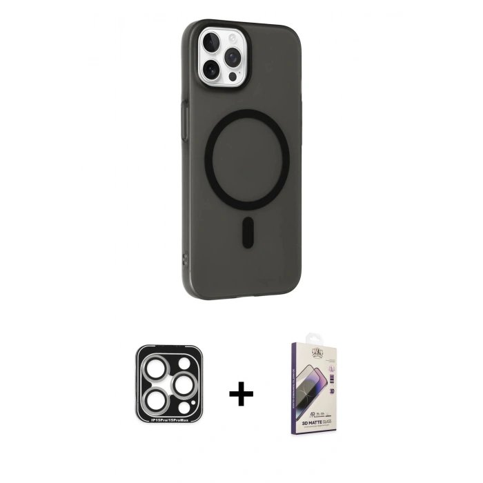 MARSİLYAN™- iPhone 15 Pro Max Kılıf Çekirdek Modern Prime - Siyah Bilvis 3D Mat Cam Ekran Koruyucu + PVD Metal Kamera Lens - GS