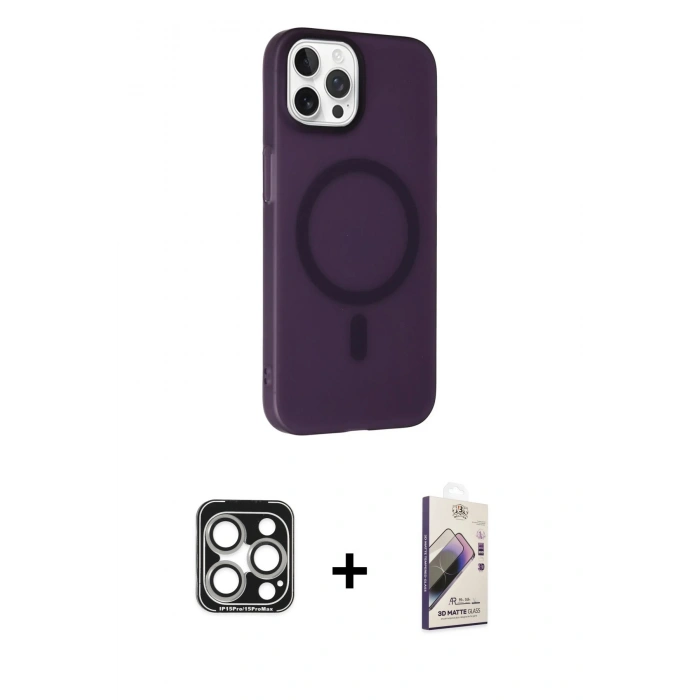 MARSİLYAN™- iPhone 15 Pro Max Kılıf Çekirdek Modern Prime - Siyah Bilvis 3D Mat Cam Ekran Koruyucu + PVD Metal Kamera Lens - GS