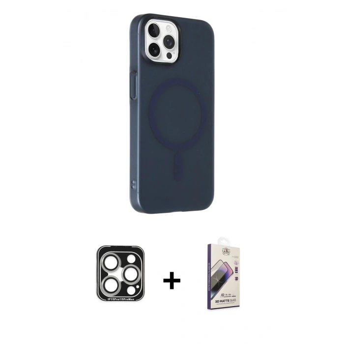MARSİLYAN™- iPhone 15 Pro Max Kılıf Çekirdek Modern Prime - Siyah Bilvis 3D Mat Cam Ekran Koruyucu + PVD Metal Kamera Lens - GS